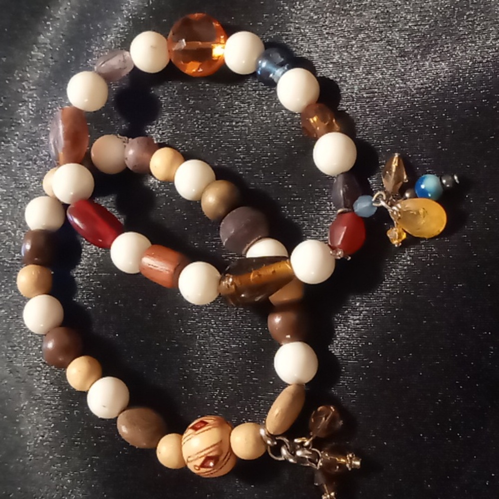 Two beaded bracelets wooden ,glass ,stone extra lg expandable